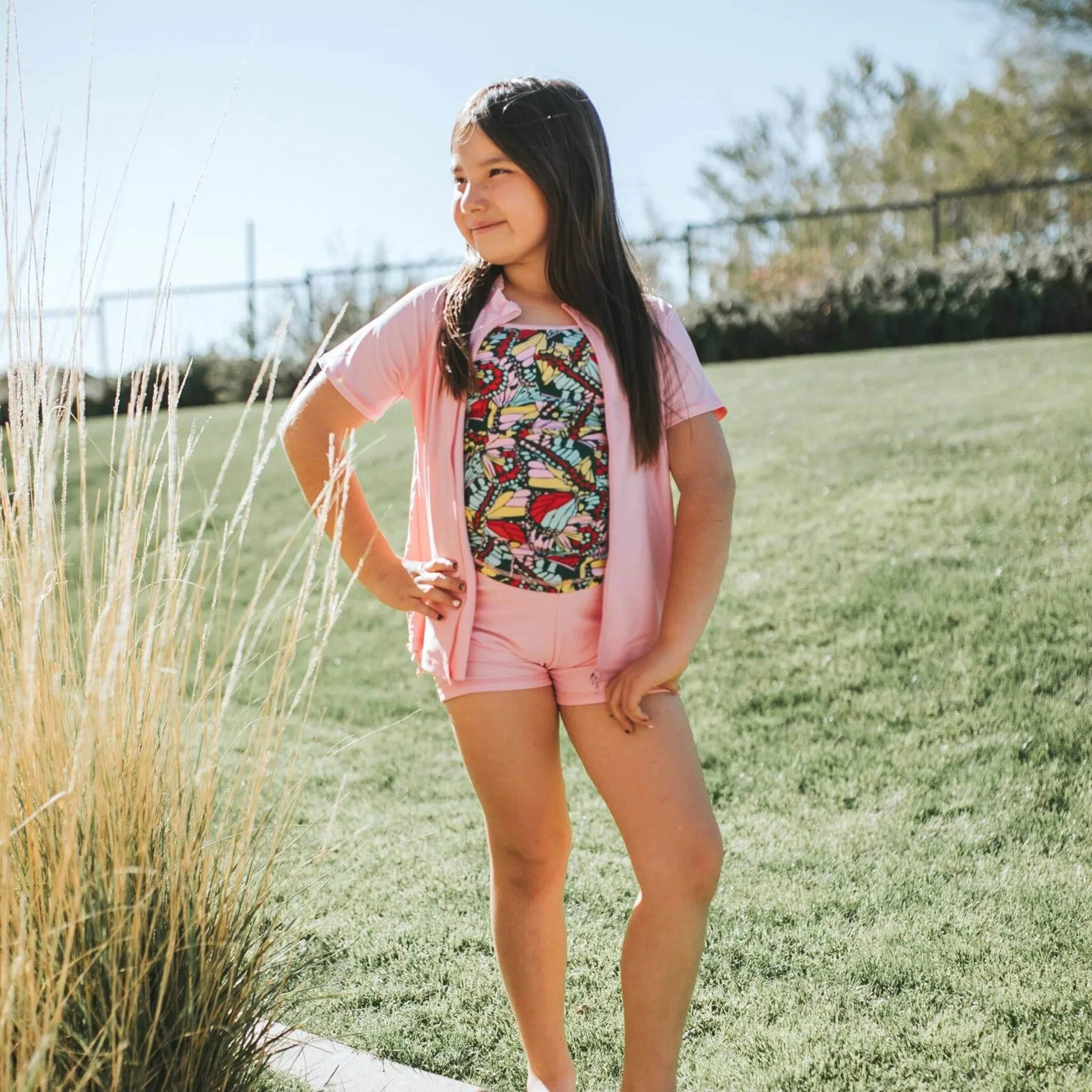 Girls Short Sleeve Rash Guard   Tankini Shorts Set (3 Piece) - "Butterfly Love"