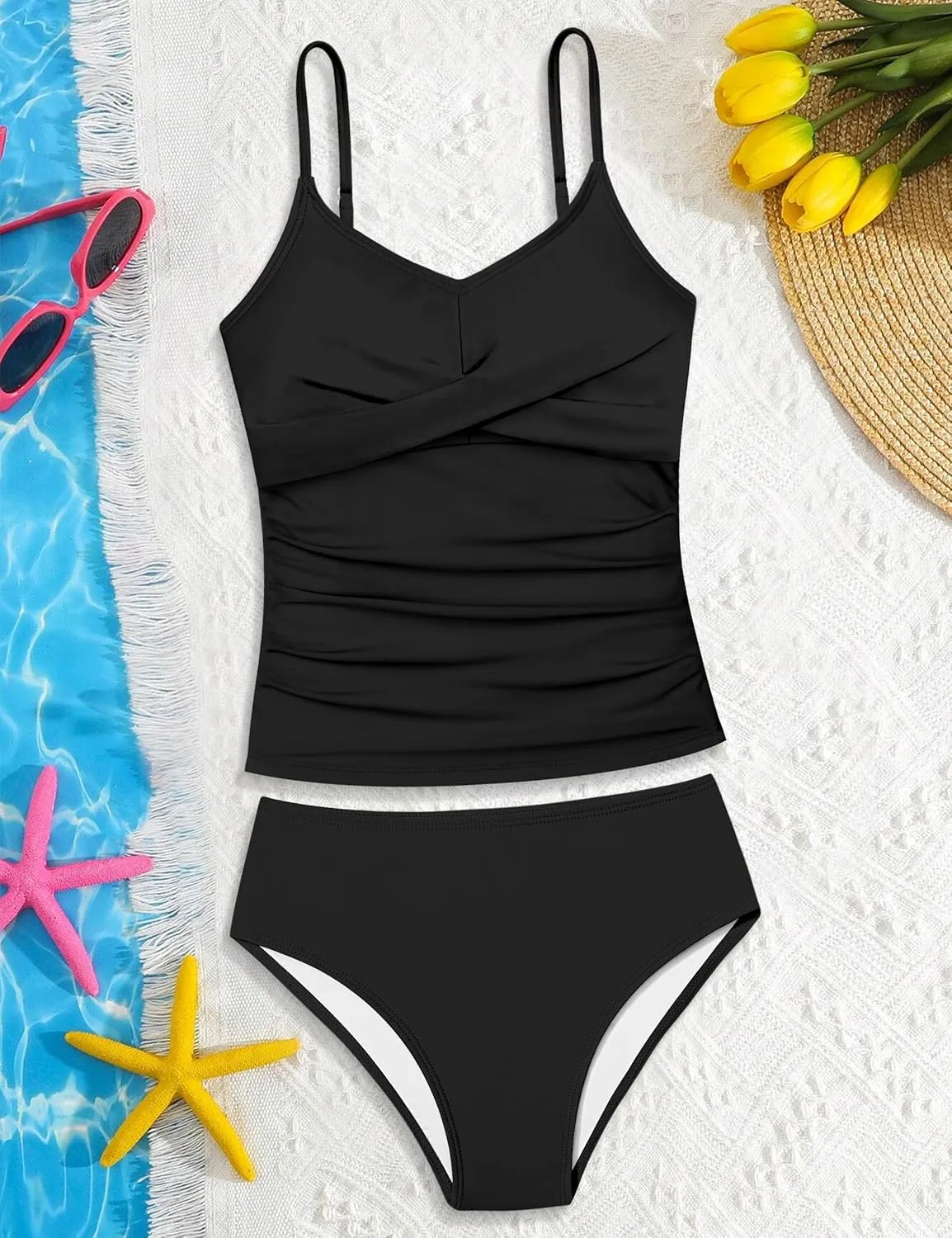Girls Swimsuit 2 Piece Bathing Suit Criss Cross Ruched Girl Tankini Sets Printed Girls' Swimwear for 9-18 Years