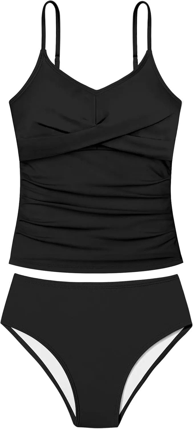 Girls Swimsuit 2 Piece Bathing Suit Criss Cross Ruched Girl Tankini Sets Printed Girls' Swimwear for 9-18 Years