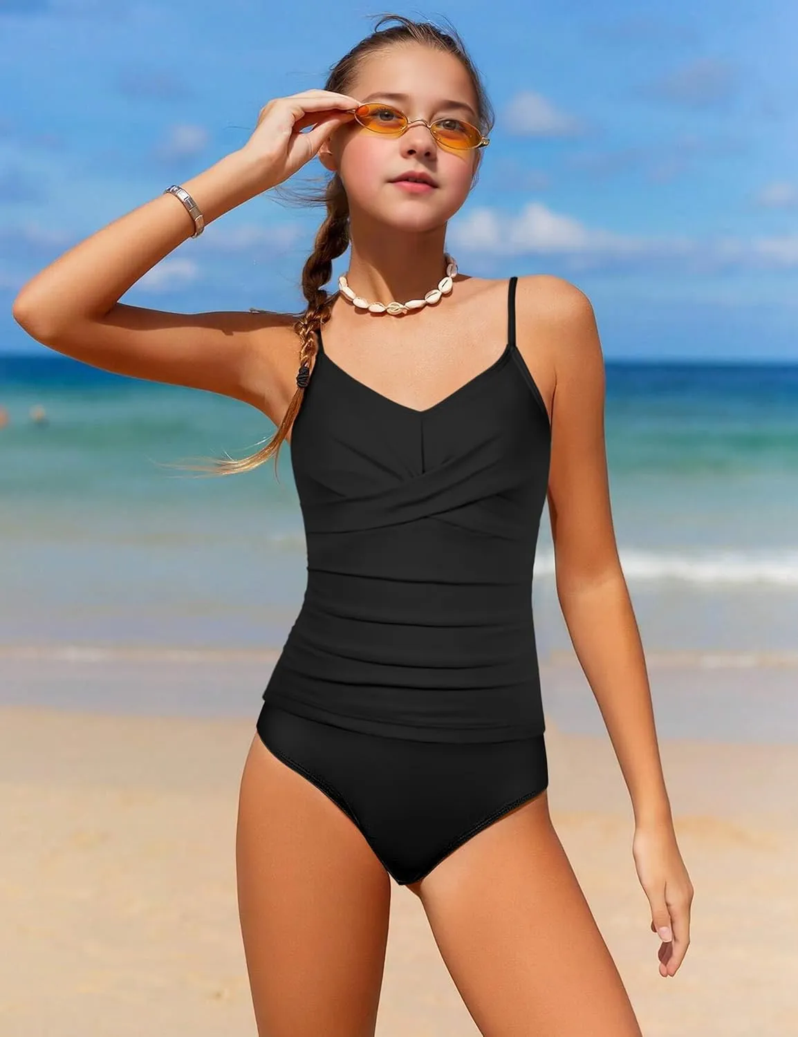 Girls Swimsuit 2 Piece Bathing Suit Criss Cross Ruched Girl Tankini Sets Printed Girls' Swimwear for 9-18 Years