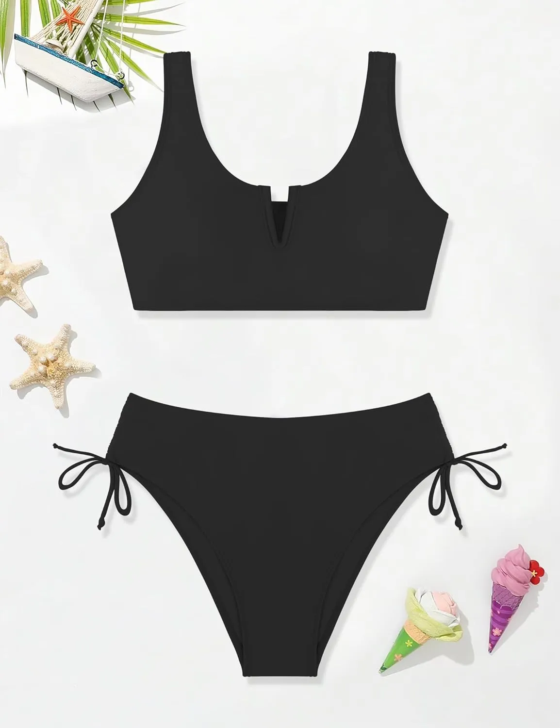 Girls Swimsuit 2 Piece V-Neck Cutout Girls' Swimwear Top High Waisted Bottom Bathing Suits for Teens 7-16 Years