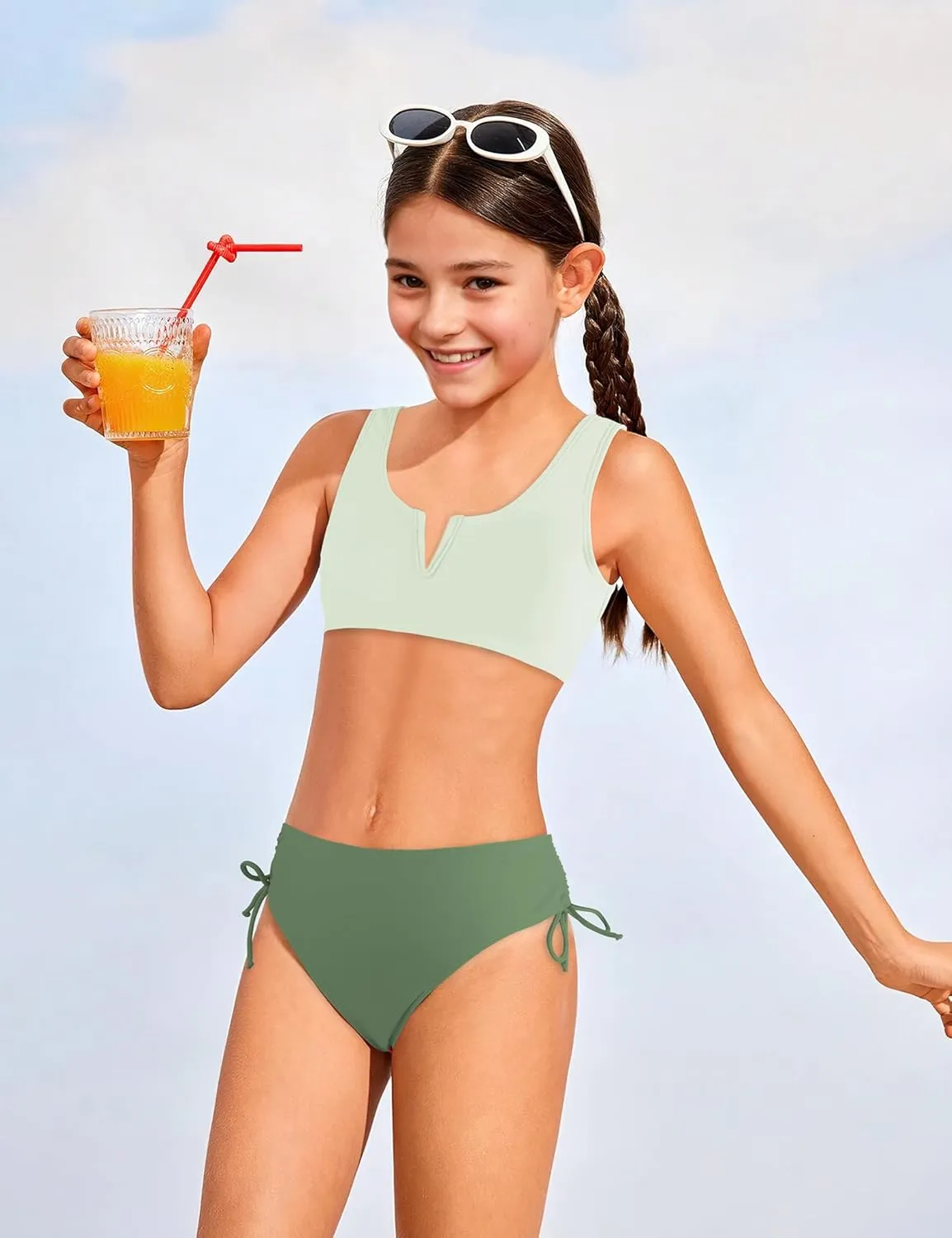 Girls Swimsuit 2 Piece V-Neck Cutout Girls' Swimwear Top High Waisted Bottom Bathing Suits for Teens 7-16 Years
