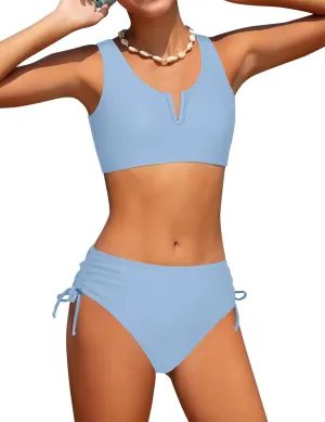 Girls Swimsuit 2 Piece V-Neck Cutout Girls' Swimwear Top High Waisted Bottom Bathing Suits for Teens 7-16 Years