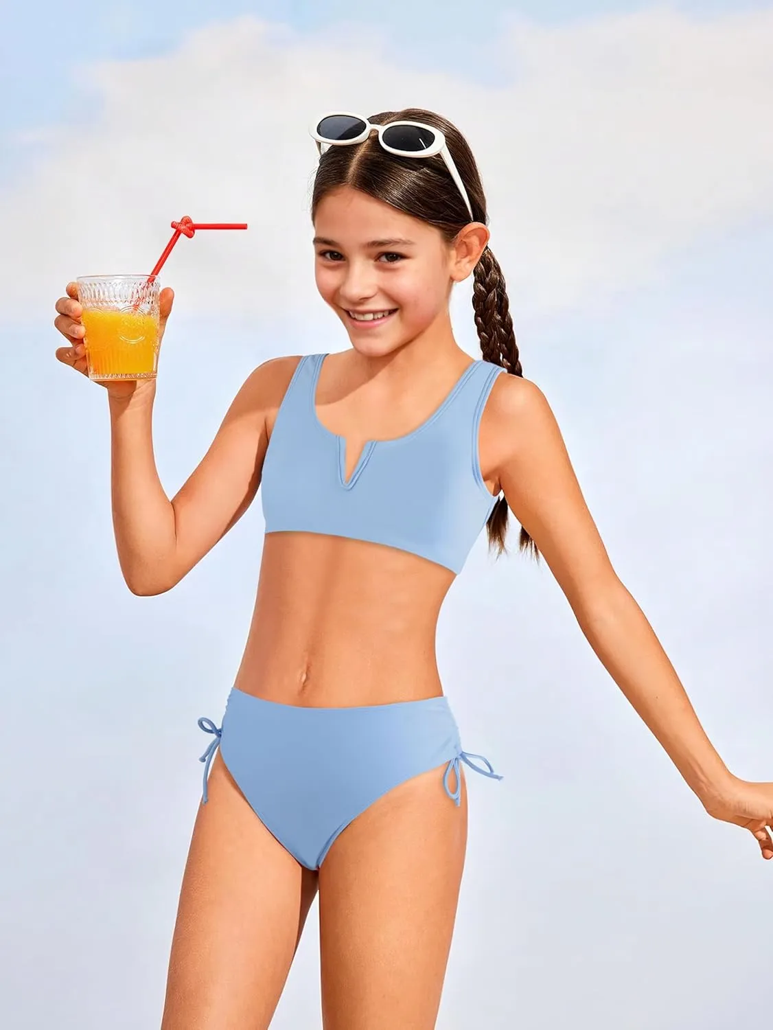Girls Swimsuit 2 Piece V-Neck Cutout Girls' Swimwear Top High Waisted Bottom Bathing Suits for Teens 7-16 Years