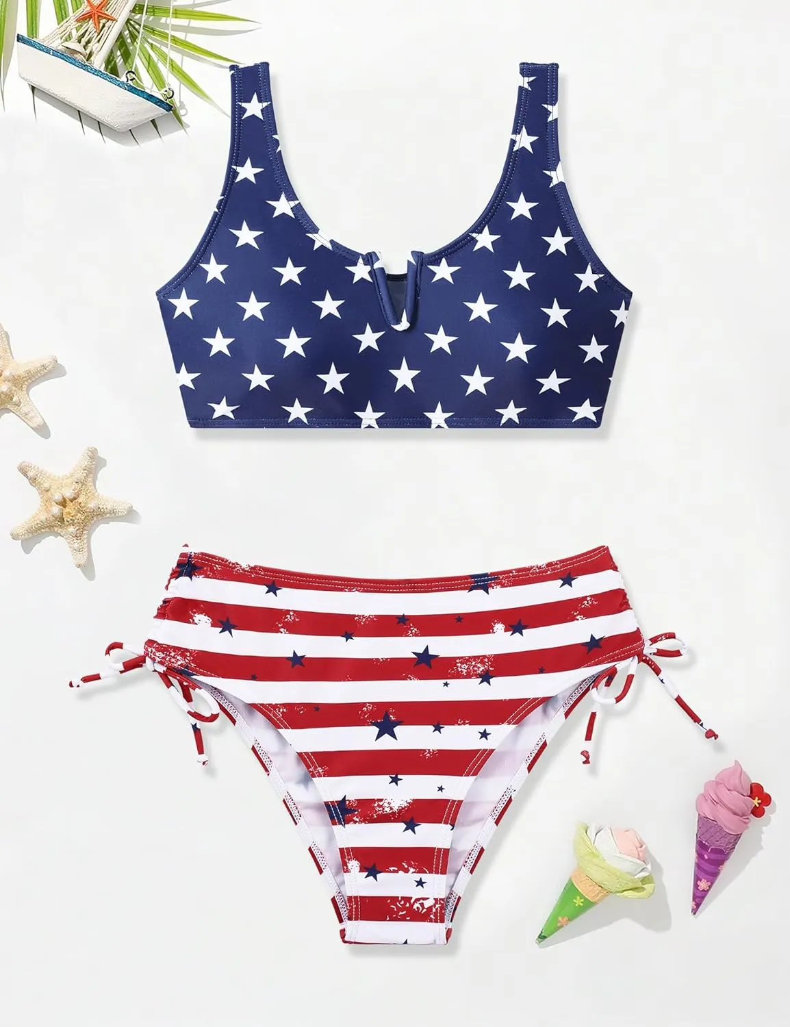 Girls Swimsuit 2 Piece V-Neck Cutout Girls' Swimwear Top High Waisted Bottom Bathing Suits for Teens 7-16 Years