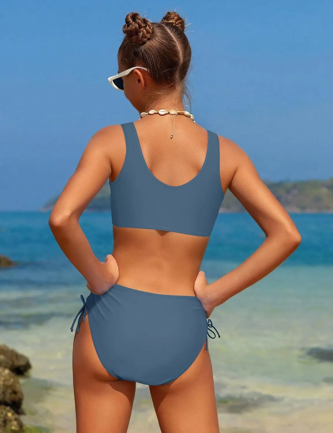 Girls Swimsuit 2 Piece V-Neck Cutout Girls' Swimwear Top High Waisted Bottom Bathing Suits for Teens 7-16 Years