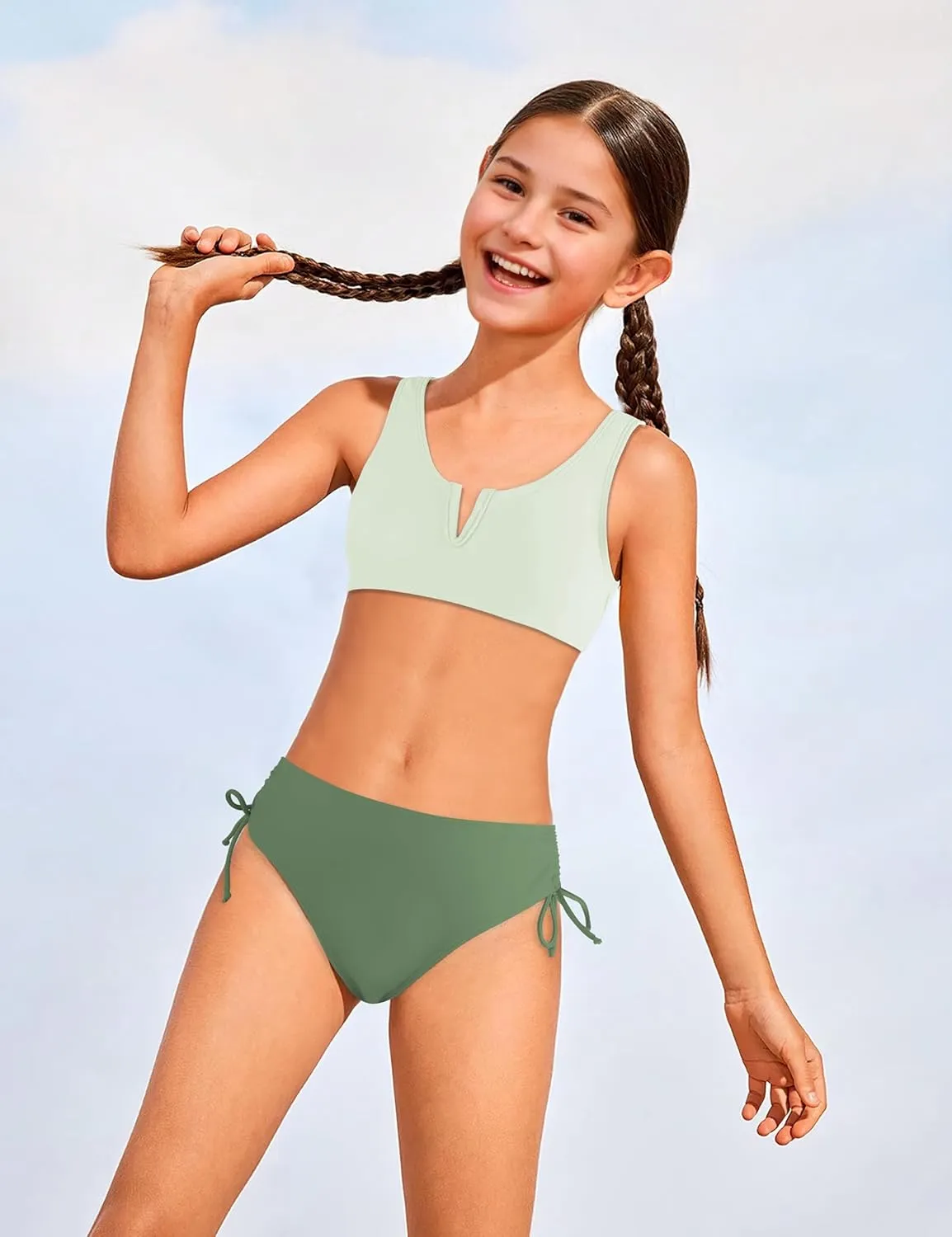 Girls Swimsuit 2 Piece V-Neck Cutout Girls' Swimwear Top High Waisted Bottom Bathing Suits for Teens 7-16 Years