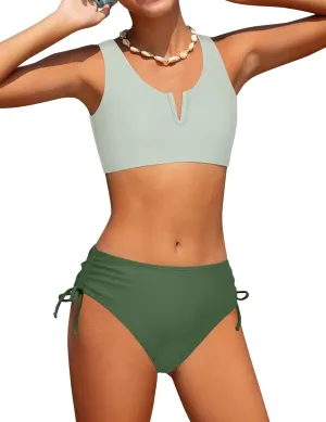 Girls Swimsuit 2 Piece V-Neck Cutout Girls' Swimwear Top High Waisted Bottom Bathing Suits for Teens 7-16 Years
