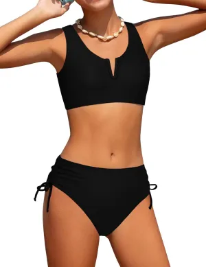 Girls Swimsuit 2 Piece V-Neck Cutout Girls' Swimwear Top High Waisted Bottom Bathing Suits for Teens 7-16 Years
