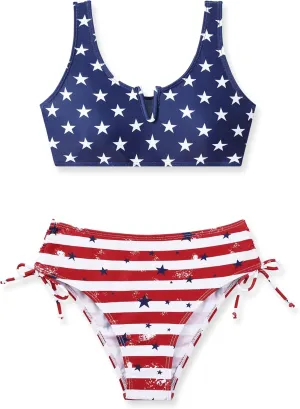 Girls Swimsuit 2 Piece V-Neck Cutout Girls' Swimwear Top High Waisted Bottom Bathing Suits for Teens 7-16 Years