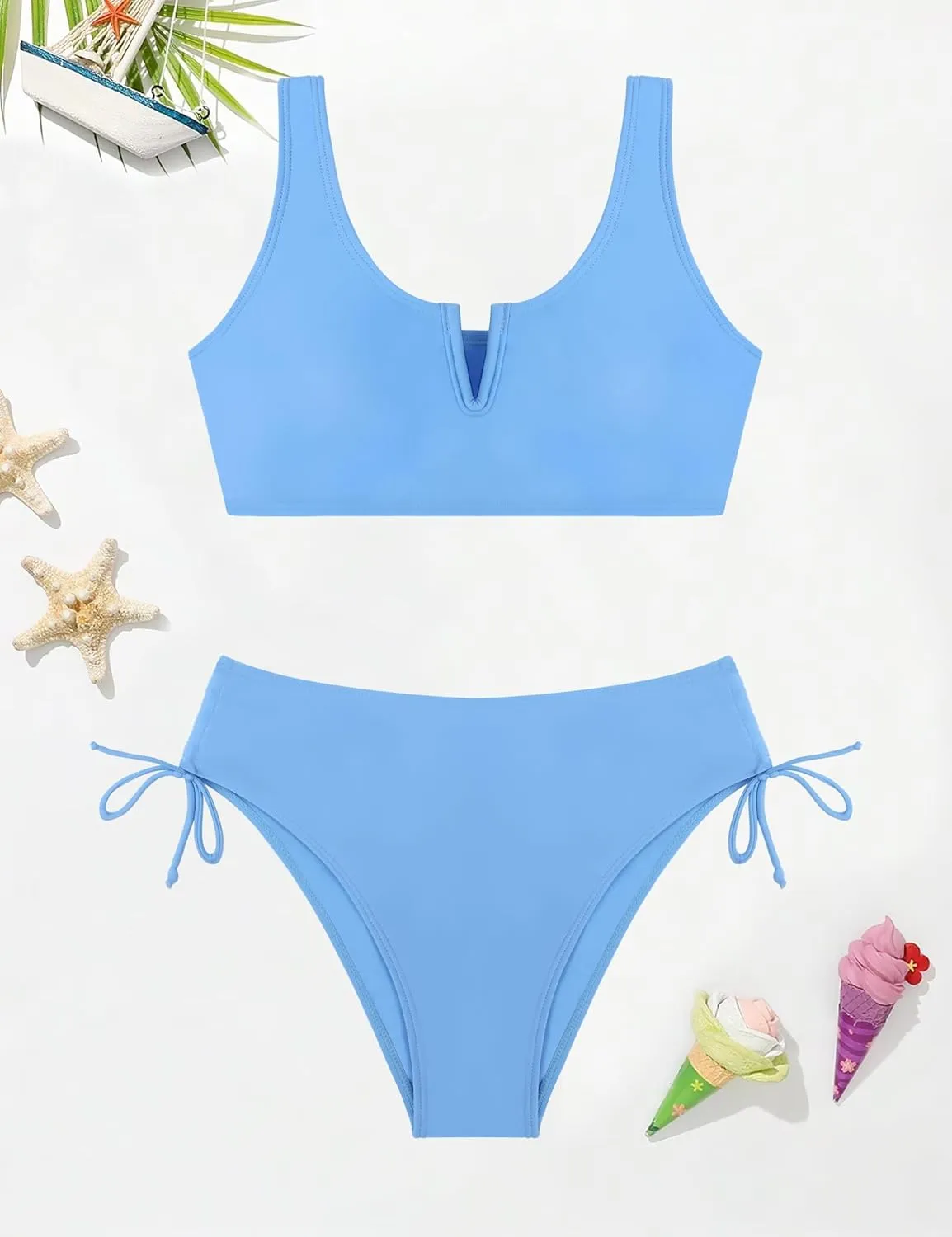 Girls Swimsuit 2 Piece V-Neck Cutout Girls' Swimwear Top High Waisted Bottom Bathing Suits for Teens 7-16 Years