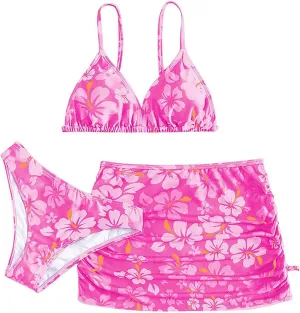 Girls Swimsuit 3 Piece Bathing Suits Quick Dry Floral Print Bikini Set with Beach Cover Up Hawaii Beach Kids Swimwear