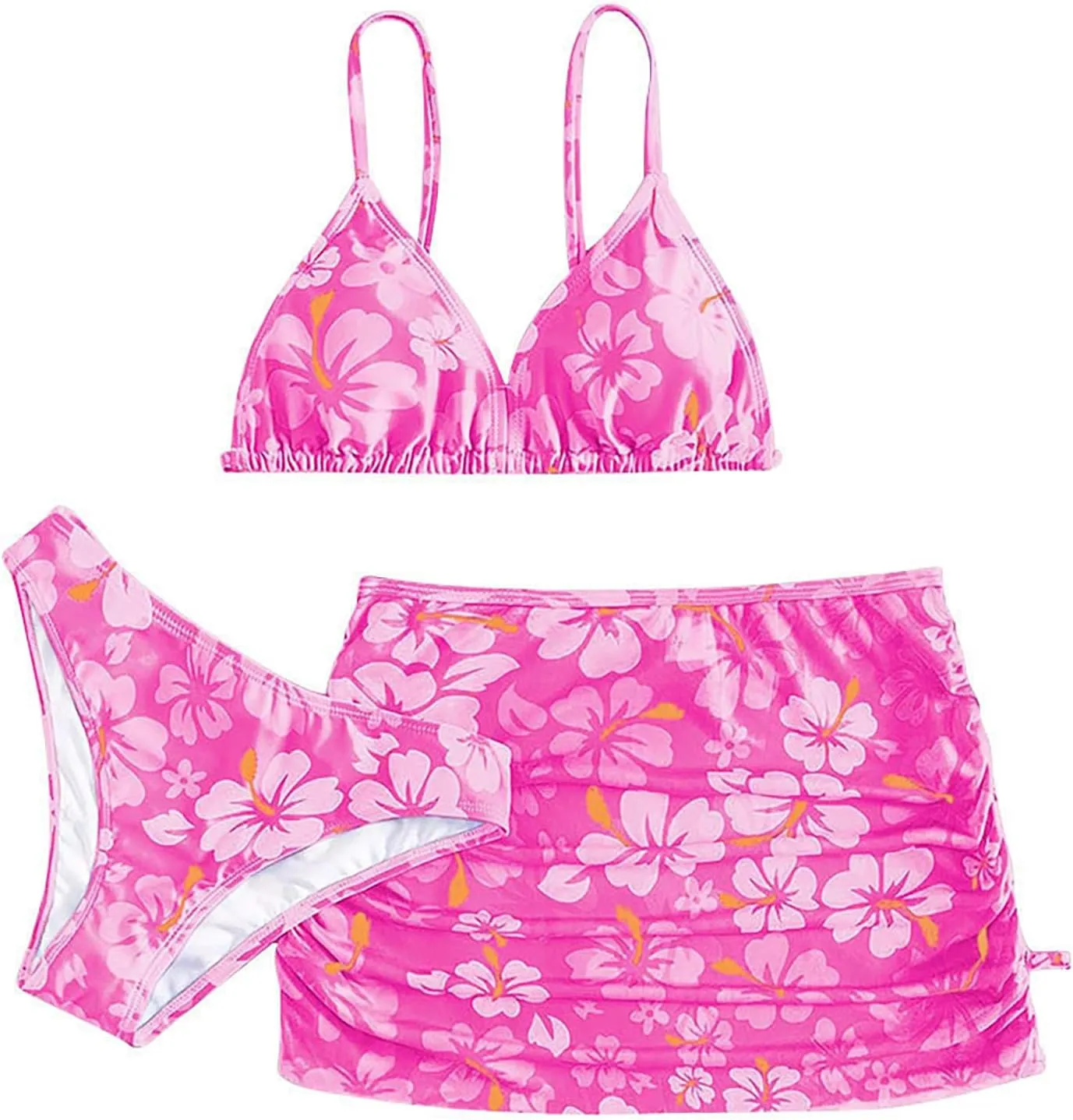 Girls Swimsuit 3 Piece Bathing Suits Quick Dry Floral Print Bikini Set with Beach Cover Up Hawaii Beach Kids Swimwear