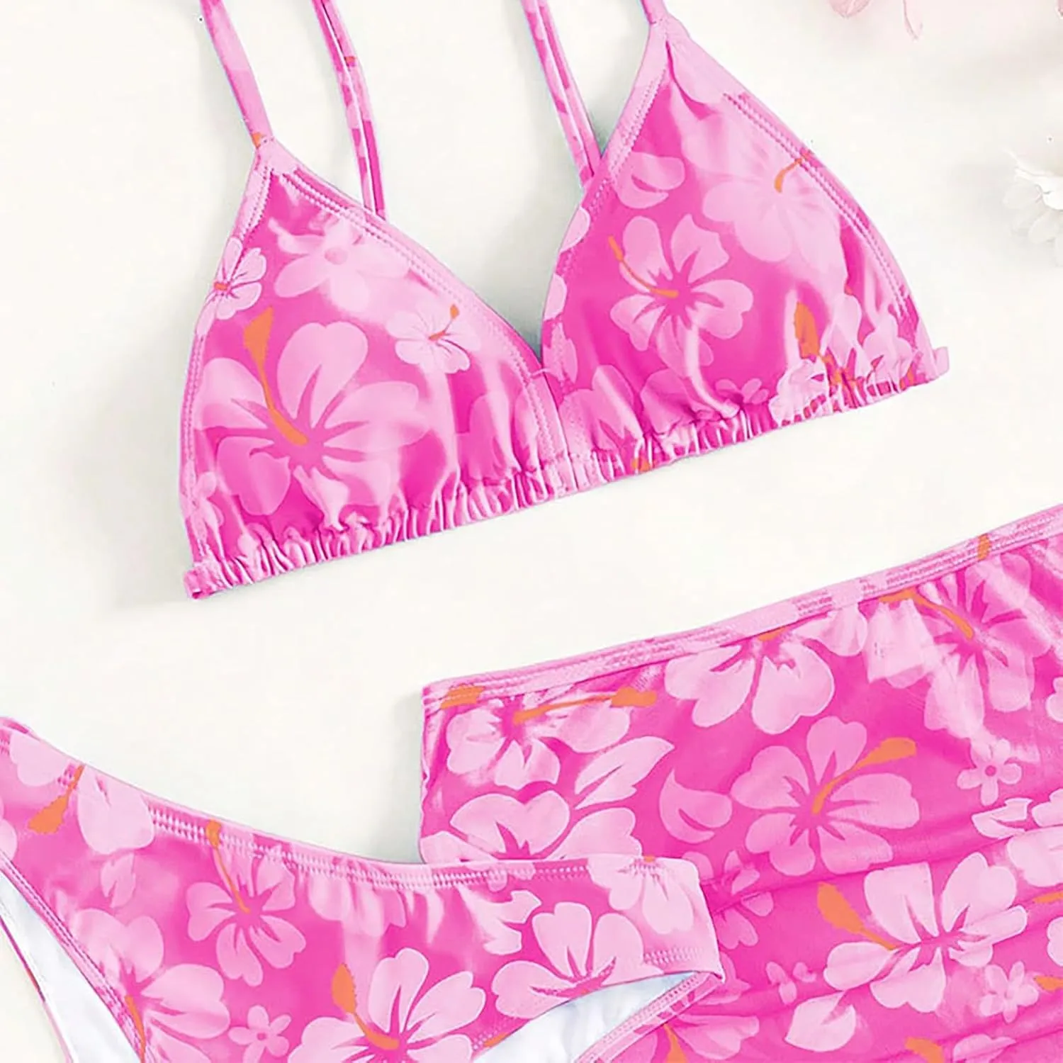 Girls Swimsuit 3 Piece Bathing Suits Quick Dry Floral Print Bikini Set with Beach Cover Up Hawaii Beach Kids Swimwear