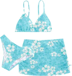 Girls Swimsuit 3 Piece Bathing Suits Quick Dry Floral Print Bikini Set with Beach Cover Up Hawaii Beach Kids Swimwear