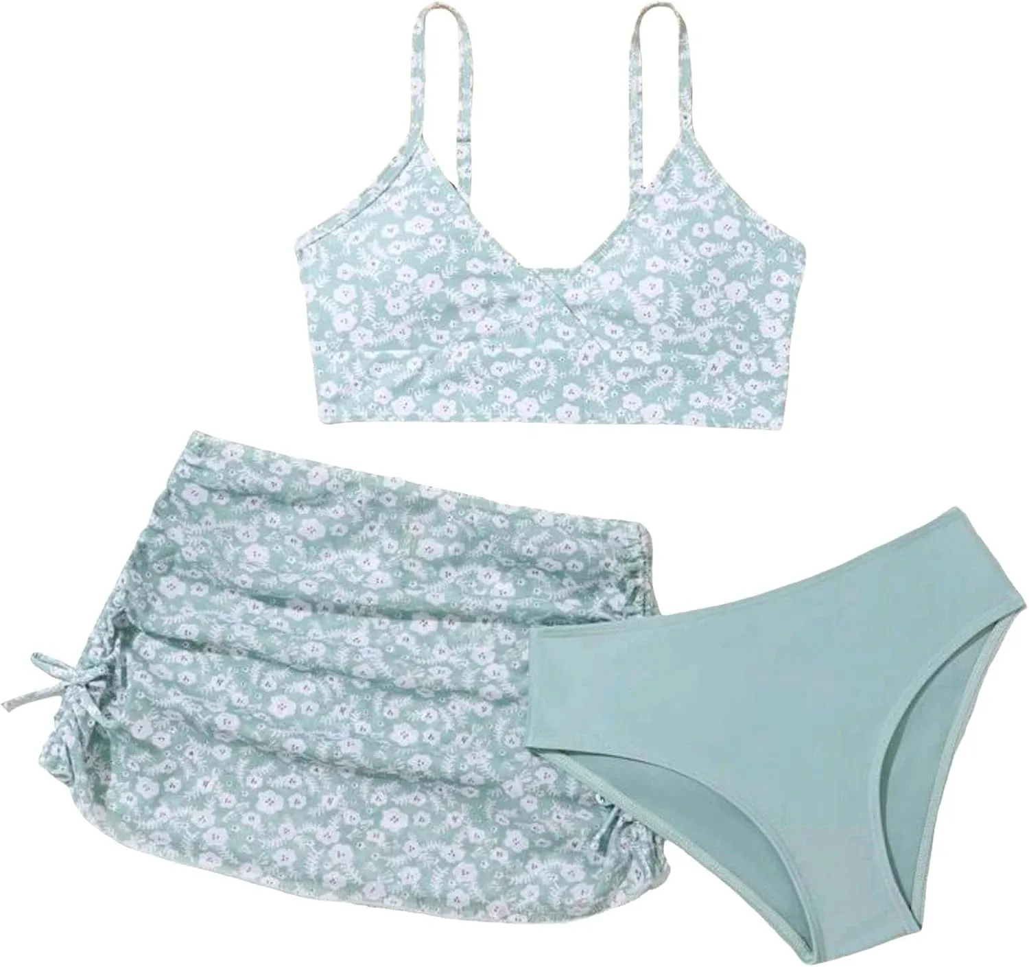 Girls Swimsuit 3 Piece Bathing Suits Quick Dry Floral Print Bikini Set with Beach Cover Up Hawaii Beach Kids Swimwear