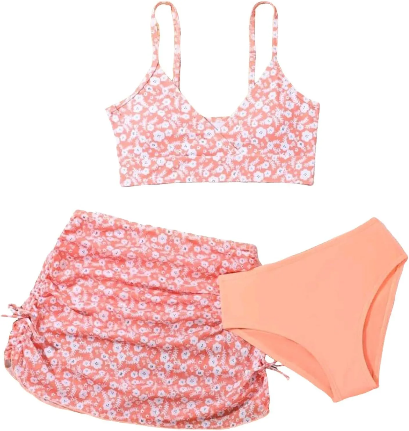 Girls Swimsuit 3 Piece Bathing Suits Quick Dry Floral Print Bikini Set with Beach Cover Up Hawaii Beach Kids Swimwear