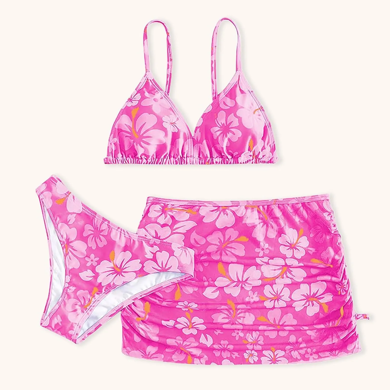 Girls Swimsuit 3 Piece Bathing Suits Quick Dry Floral Print Bikini Set with Beach Cover Up Hawaii Beach Kids Swimwear