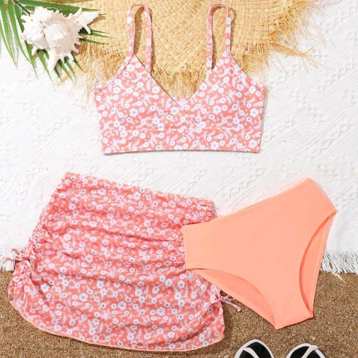 Girls Swimsuit 3 Piece Bathing Suits Quick Dry Floral Print Bikini Set with Beach Cover Up Hawaii Beach Kids Swimwear