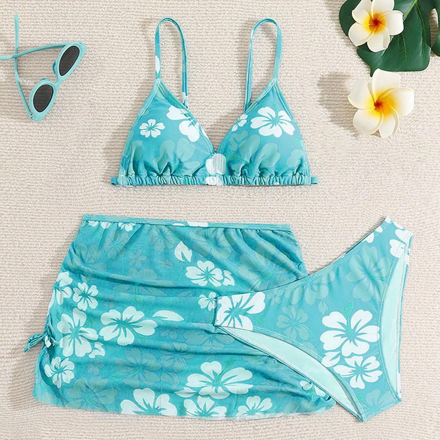 Girls Swimsuit 3 Piece Bathing Suits Quick Dry Floral Print Bikini Set with Beach Cover Up Hawaii Beach Kids Swimwear