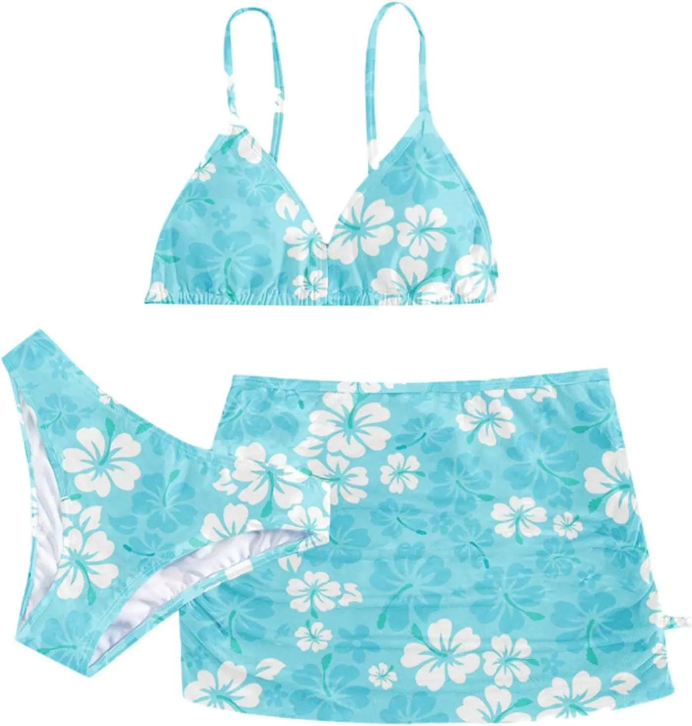 Girls Swimsuit 3 Piece Bathing Suits Quick Dry Floral Print Bikini Set with Beach Cover Up Hawaii Beach Kids Swimwear