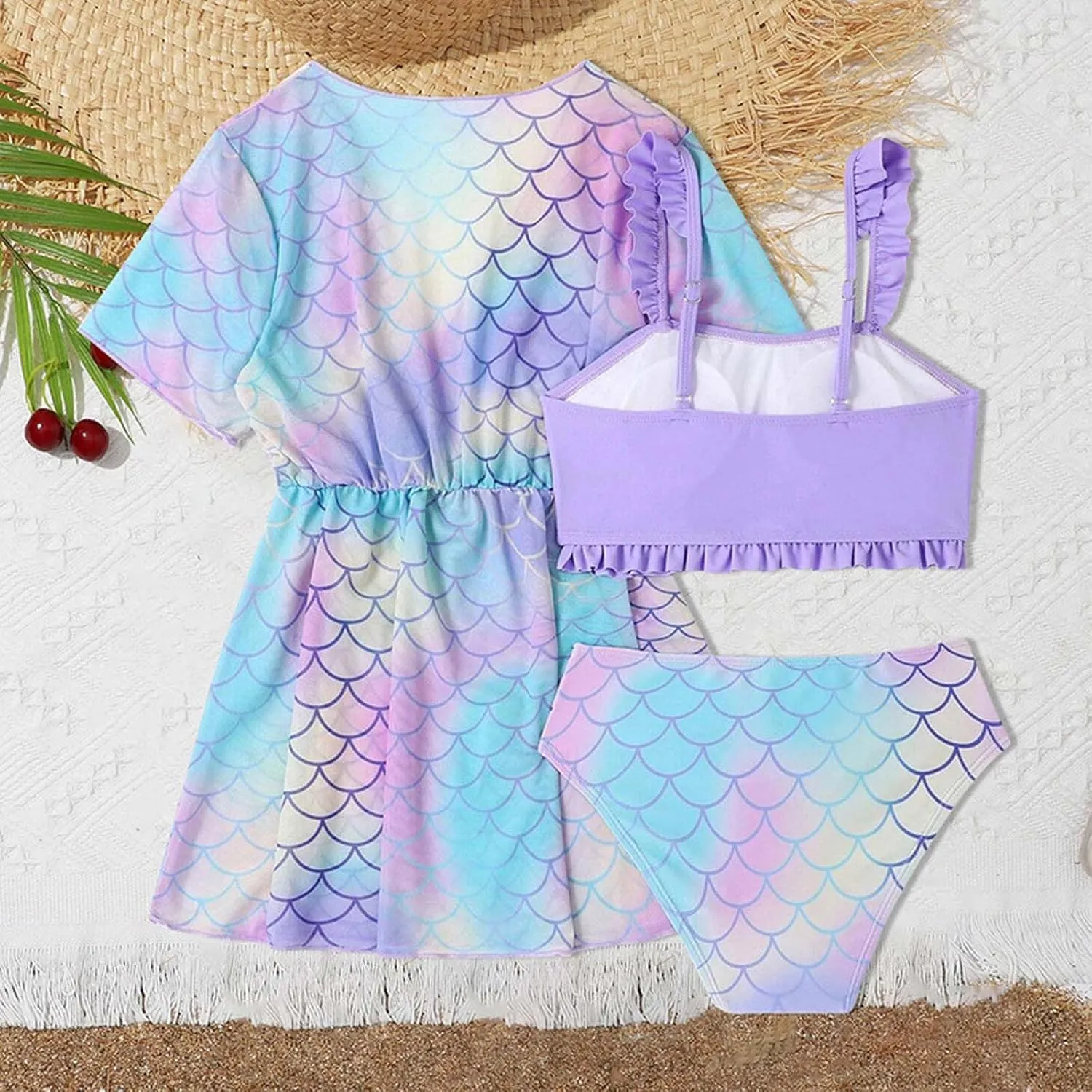 Girls Swimsuit 3 Piece Bikini Set Quick Dry Swimwear Sun Protection Girls Bathing Suit Cover Up Cardigan 7-16 Years