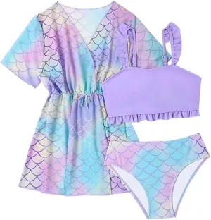 Girls Swimsuit 3 Piece Bikini Set Quick Dry Swimwear Sun Protection Girls Bathing Suit Cover Up Cardigan 7-16 Years