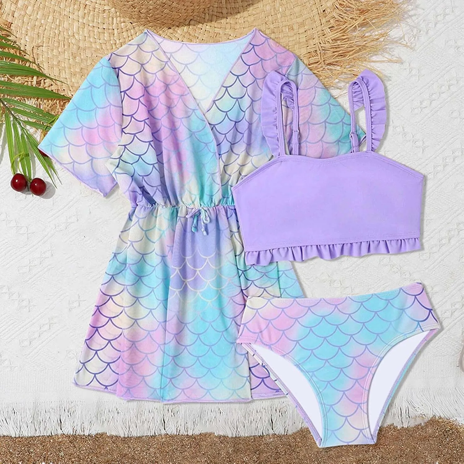 Girls Swimsuit 3 Piece Bikini Set Quick Dry Swimwear Sun Protection Girls Bathing Suit Cover Up Cardigan 7-16 Years