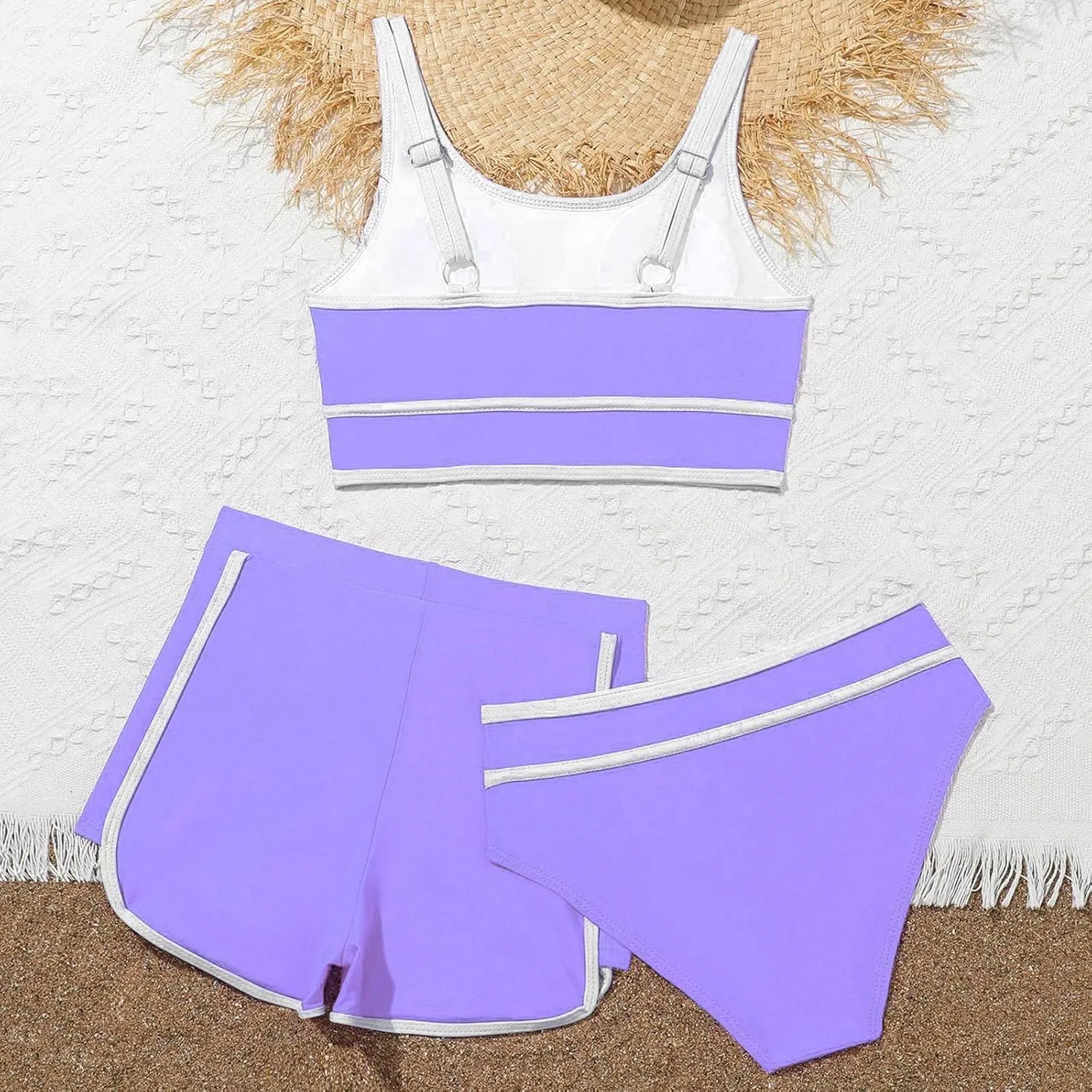 Girls Swimsuits 3 Piece Bathing Suit Kids Quick Dry Bikini Set with High Waist Sporty Shorts Beach Swimwear for Teen