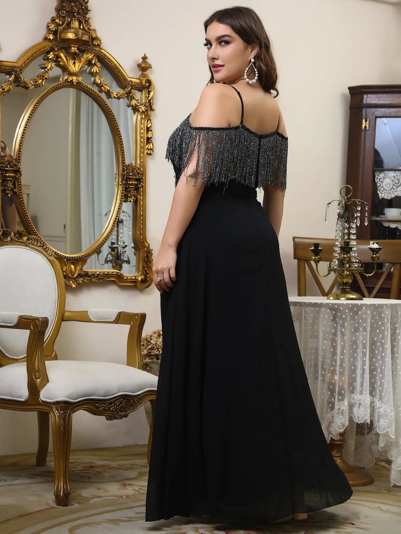 Glamorous Plain Fringe Sleeveless Cold Shoulder Flared High Waist Maxi Plus Size Dress