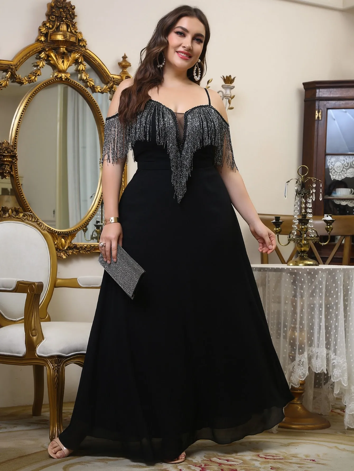 Glamorous Plain Fringe Sleeveless Cold Shoulder Flared High Waist Maxi Plus Size Dress
