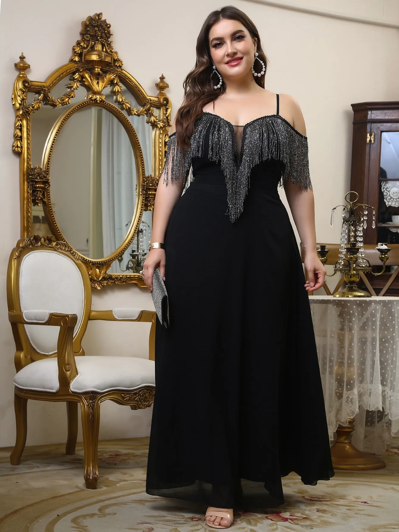 Glamorous Plain Fringe Sleeveless Cold Shoulder Flared High Waist Maxi Plus Size Dress
