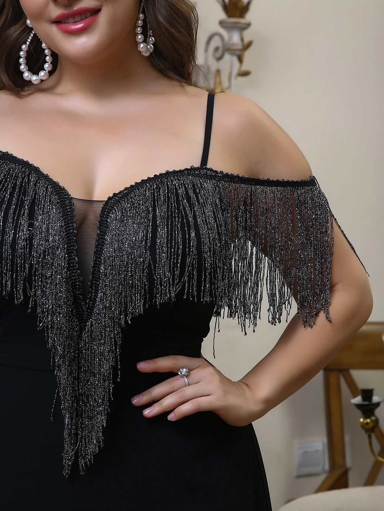Glamorous Plain Fringe Sleeveless Cold Shoulder Flared High Waist Maxi Plus Size Dress