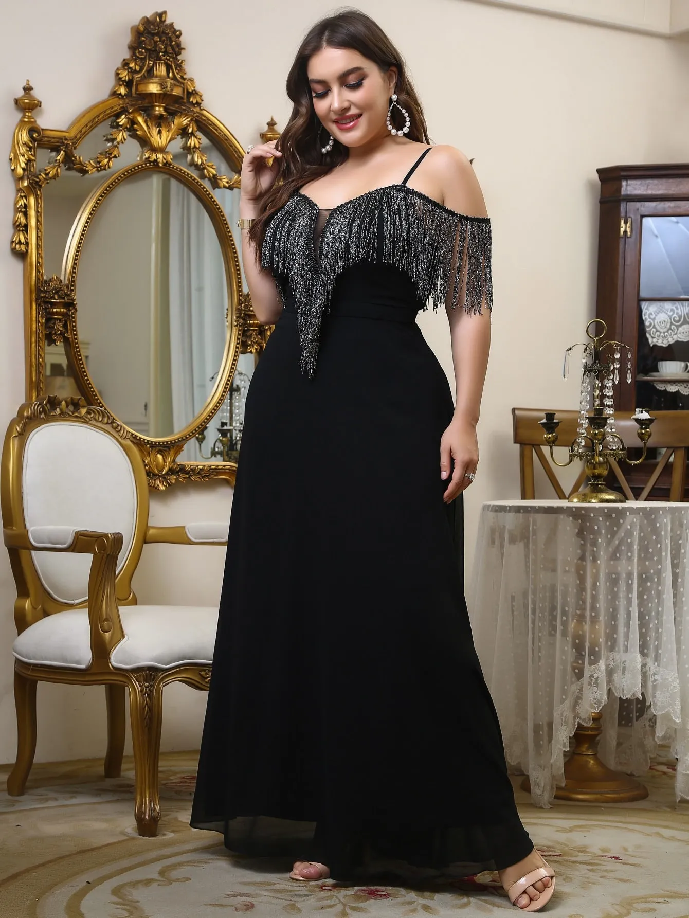 Glamorous Plain Fringe Sleeveless Cold Shoulder Flared High Waist Maxi Plus Size Dress