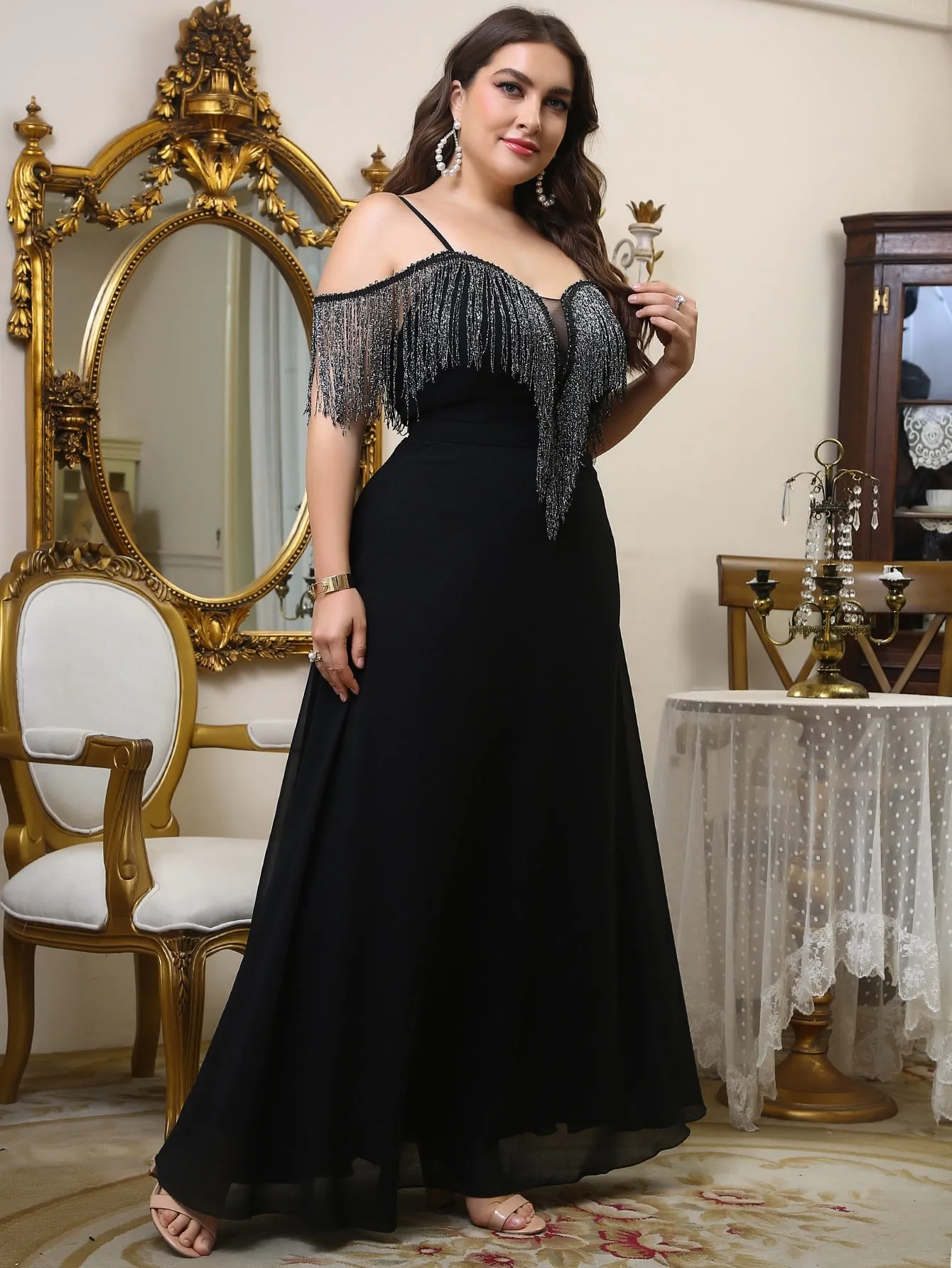 Glamorous Plain Fringe Sleeveless Cold Shoulder Flared High Waist Maxi Plus Size Dress