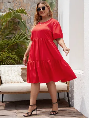 Glamorous Plain Ruffle Hem Short Sleeve Round Neck Flounce High Waist Midi Plus Size Dress
