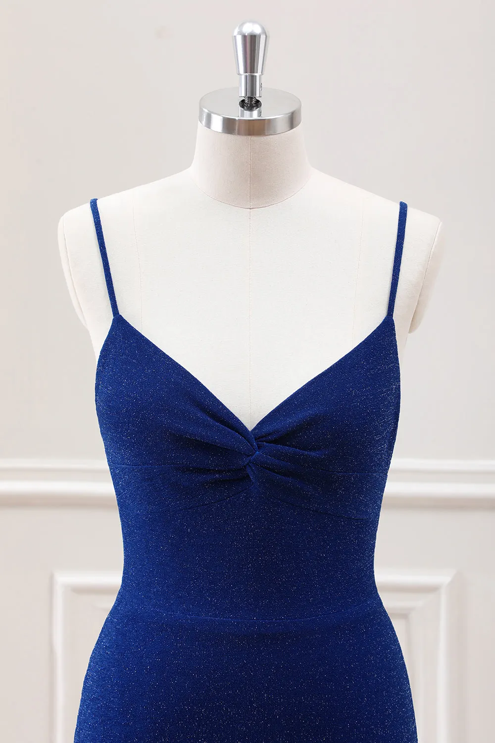 Glitter Dark Blue Mermaid Spaghetti Straps Maxi Dress with Slit