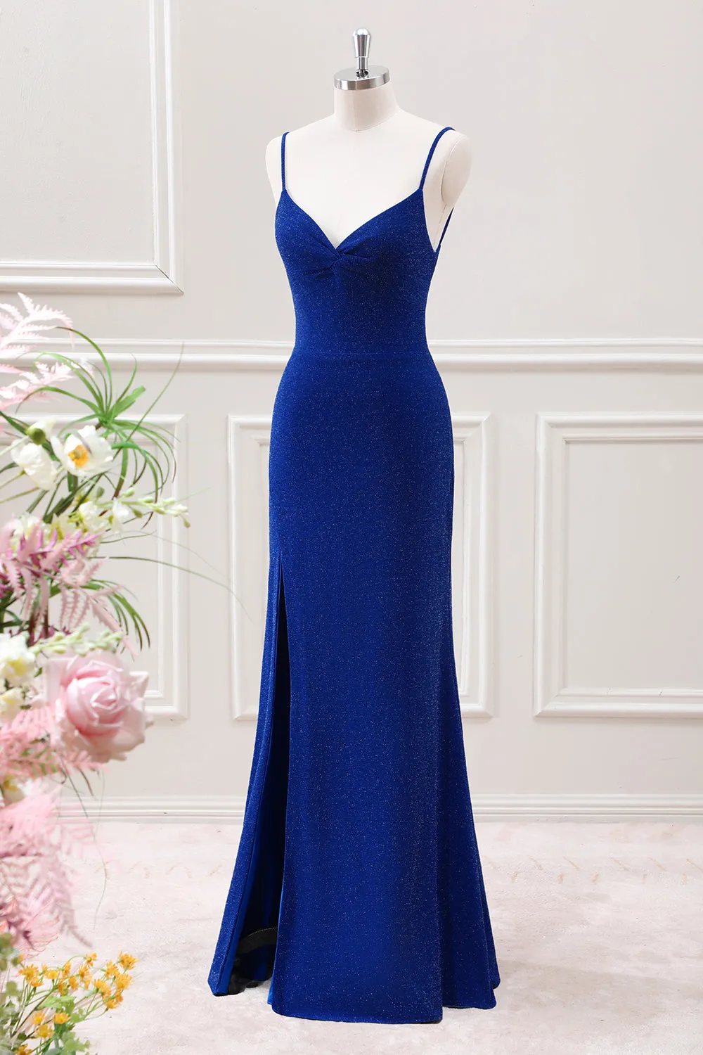 Glitter Dark Blue Mermaid Spaghetti Straps Maxi Dress with Slit