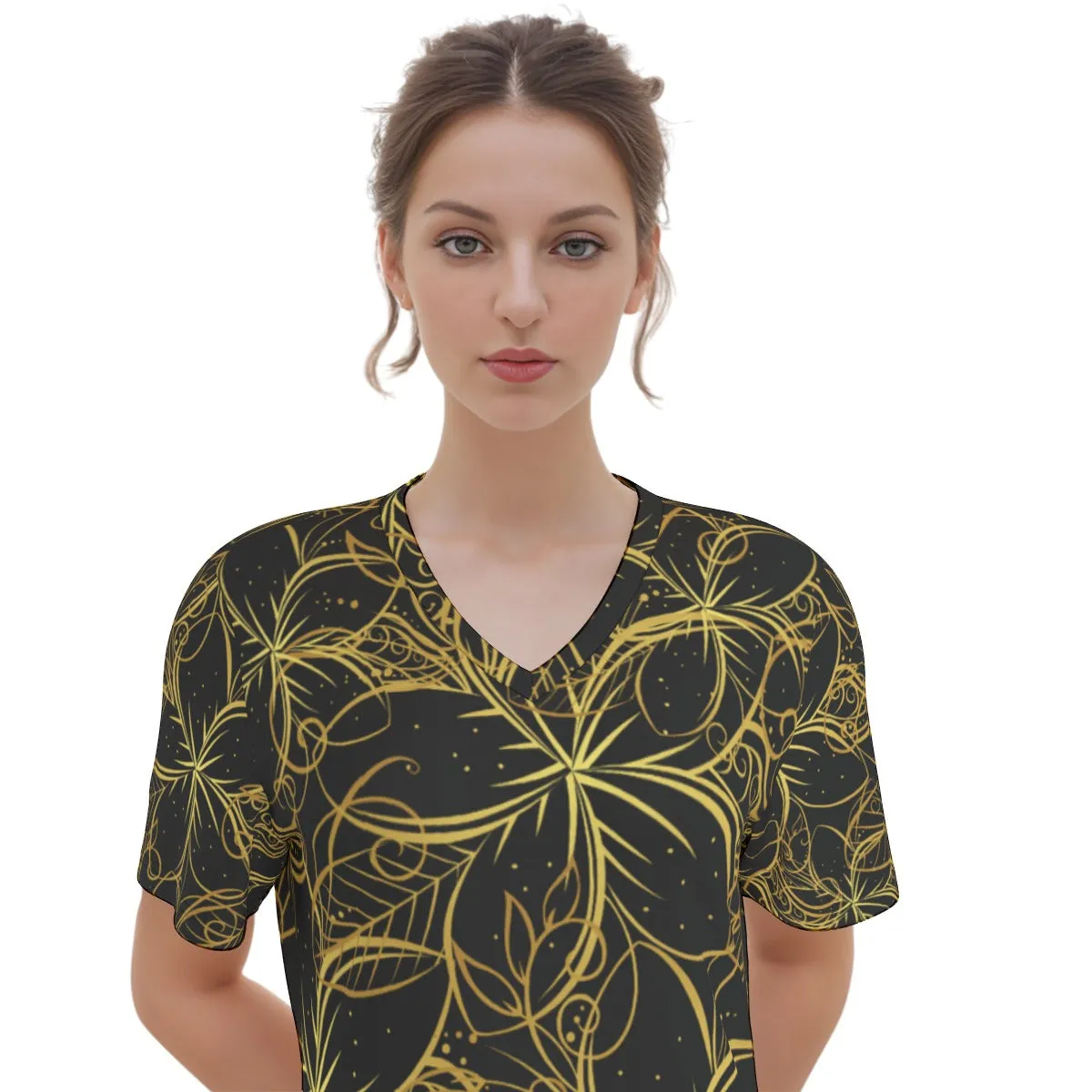 Golden Frangipani Black Women's V Neck Dress|180GSM Cotton up to 3 XL