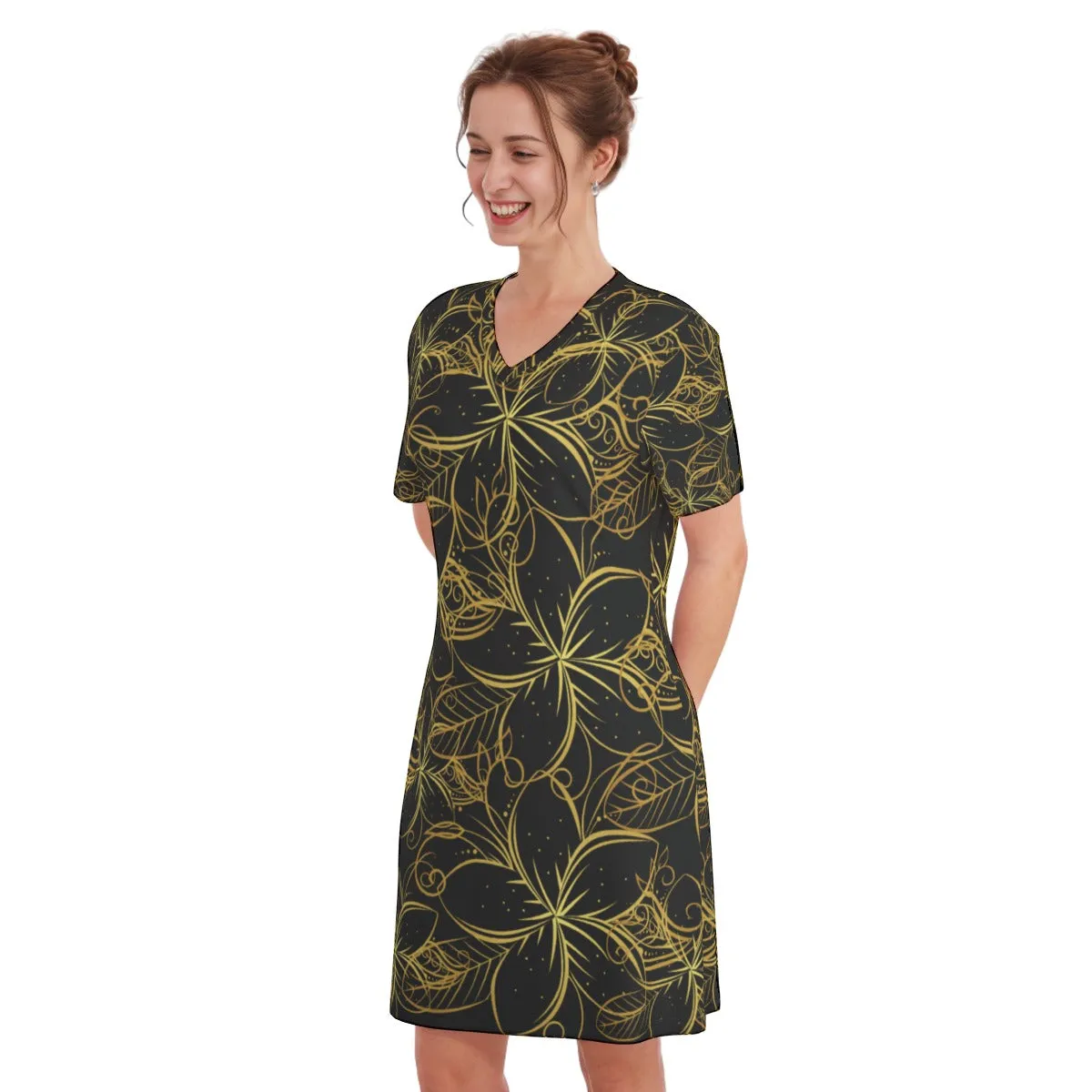 Golden Frangipani Black Women's V Neck Dress|180GSM Cotton up to 3 XL