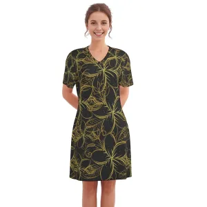 Golden Frangipani Black Women's V Neck Dress|180GSM Cotton up to 3 XL