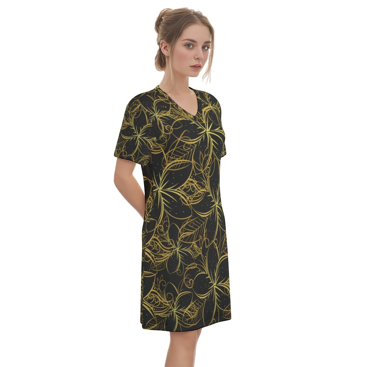 Golden Frangipani Black Women's V Neck Dress|180GSM Cotton up to 3 XL