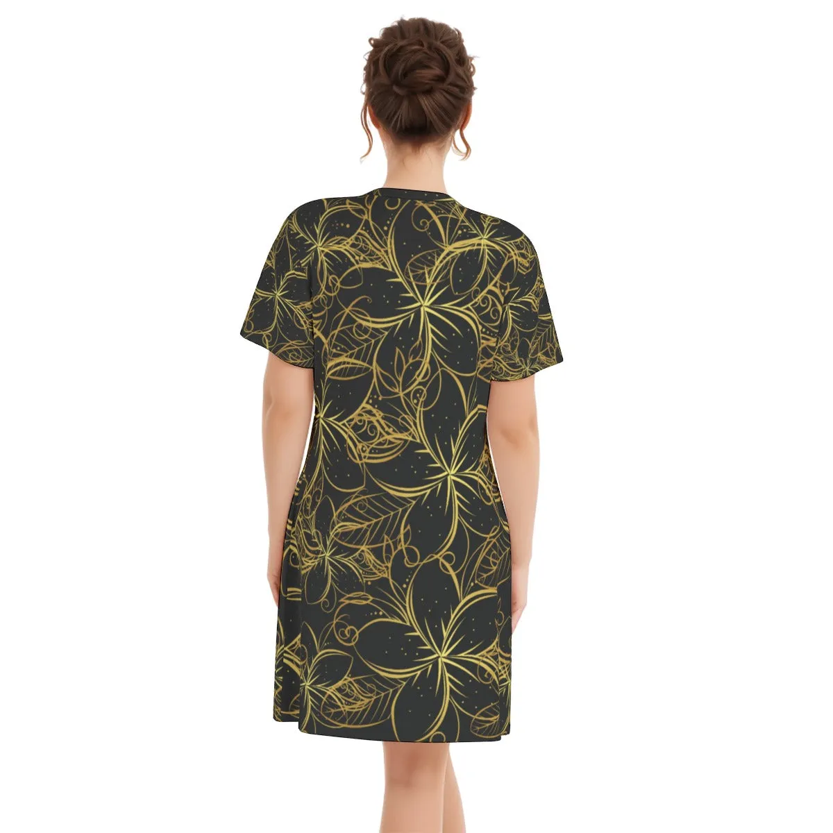 Golden Frangipani Black Women's V Neck Dress|180GSM Cotton up to 3 XL
