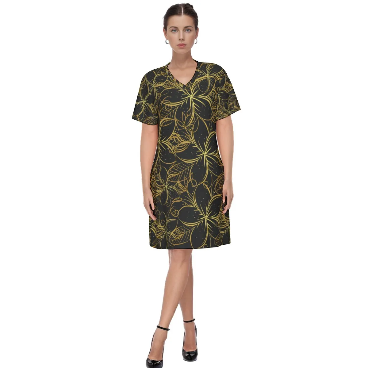 Golden Frangipani Black Women's V Neck Dress|180GSM Cotton up to 3 XL