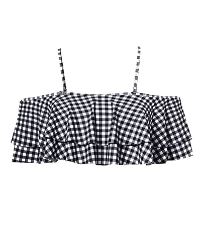Gorgeous Off-The-Shoulder Flounce Swimsuit Top For Women-Black And White Checkered