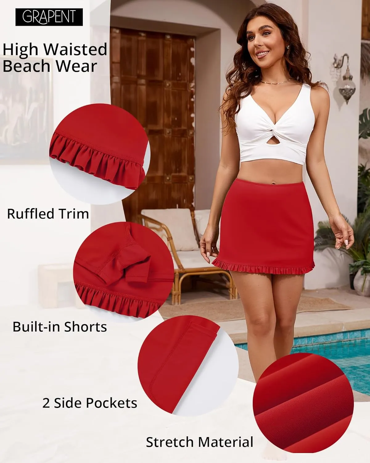 GRAPENT Women's Swim Skirt High Waisted Bikini Tankini Bathing Suits Boyshort Bottoms Ruffle Swimsuit Skirts with Pocket