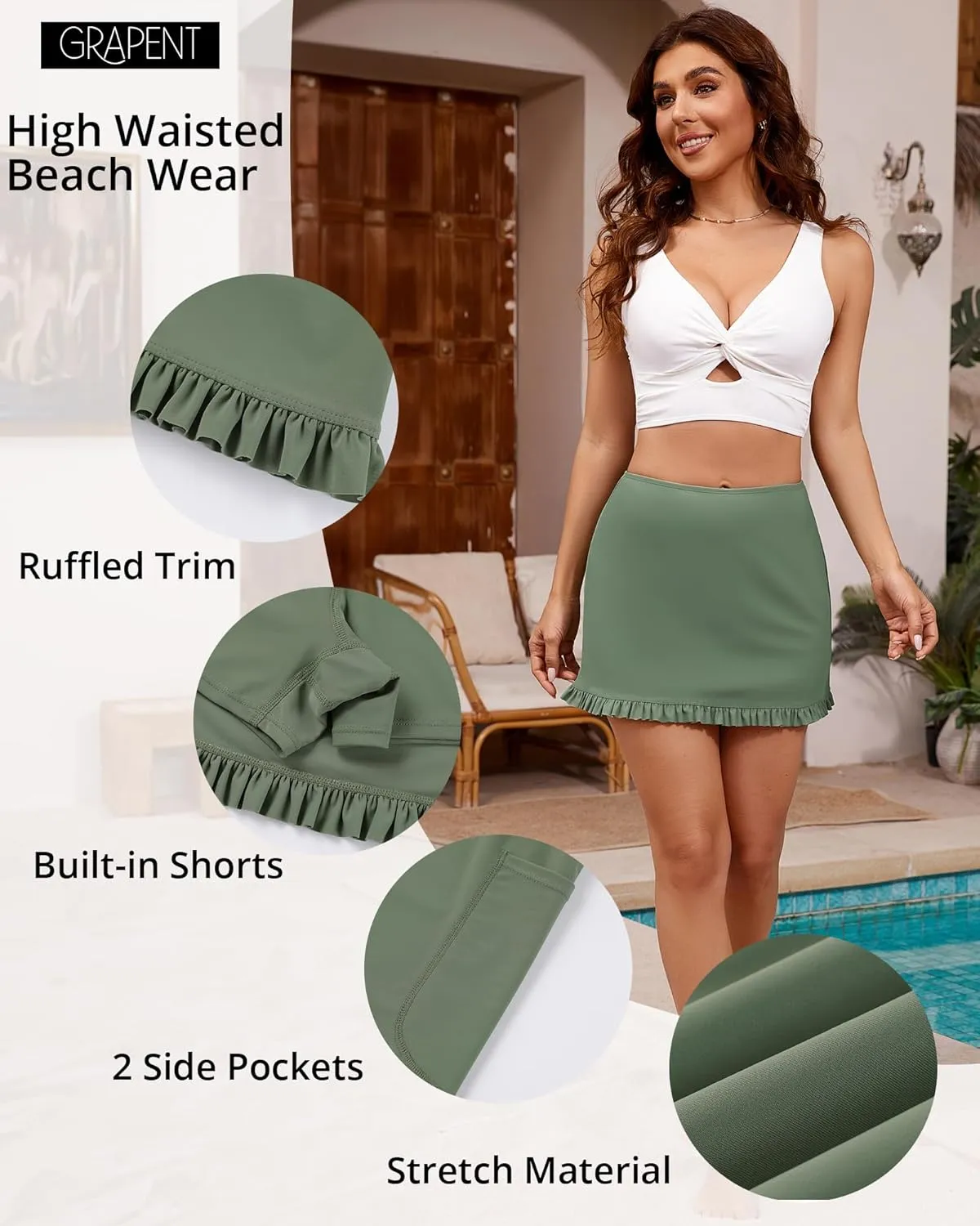 GRAPENT Women's Swim Skirt High Waisted Bikini Tankini Bathing Suits Boyshort Bottoms Ruffle Swimsuit Skirts with Pocket