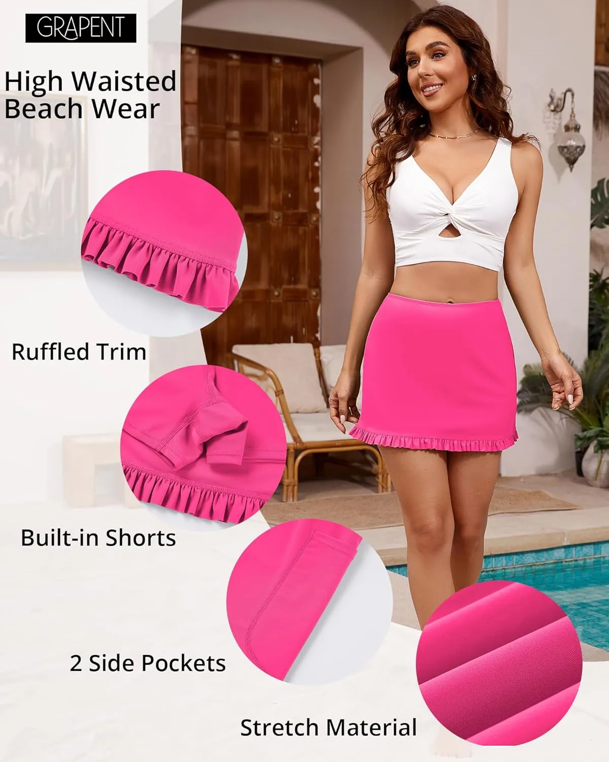 GRAPENT Women's Swim Skirt High Waisted Bikini Tankini Bathing Suits Boyshort Bottoms Ruffle Swimsuit Skirts with Pocket