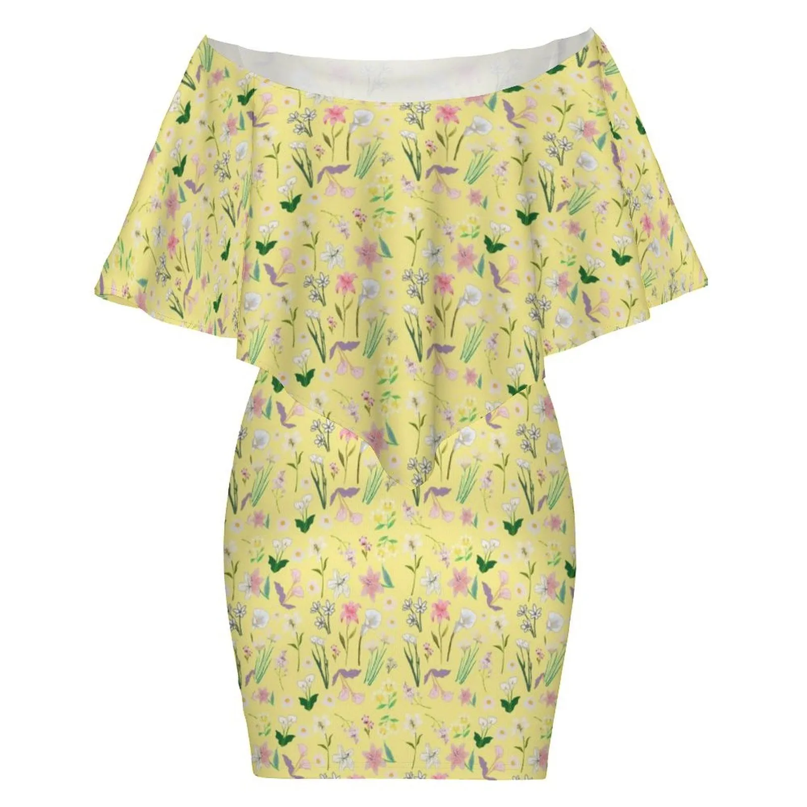 Graphic Lillies Yellow Off Shoulder Dress up to 4 XL (FWS)