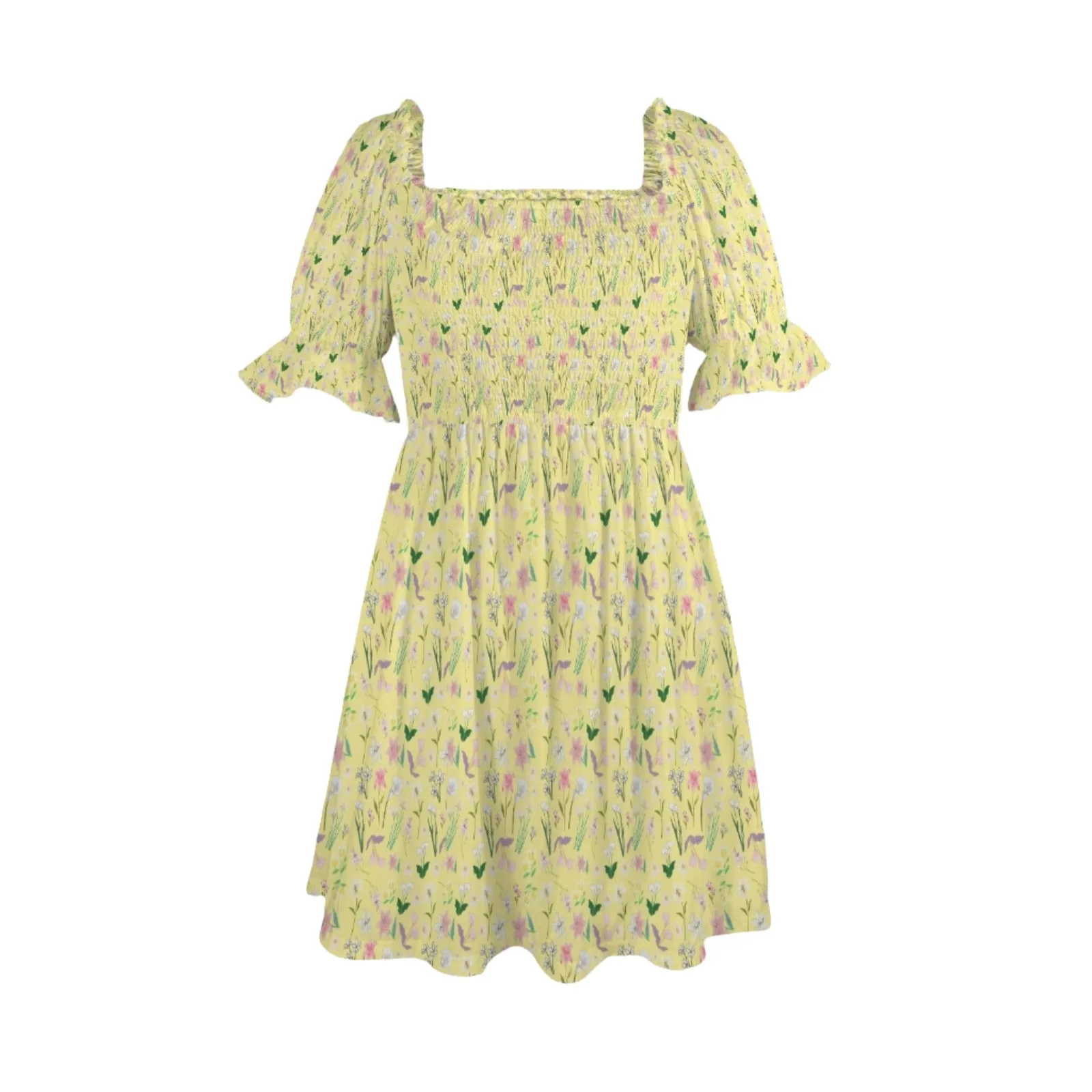 Graphic Lillies Yellow Ruffles Square Neck Dress up to 5 XL (FWS)